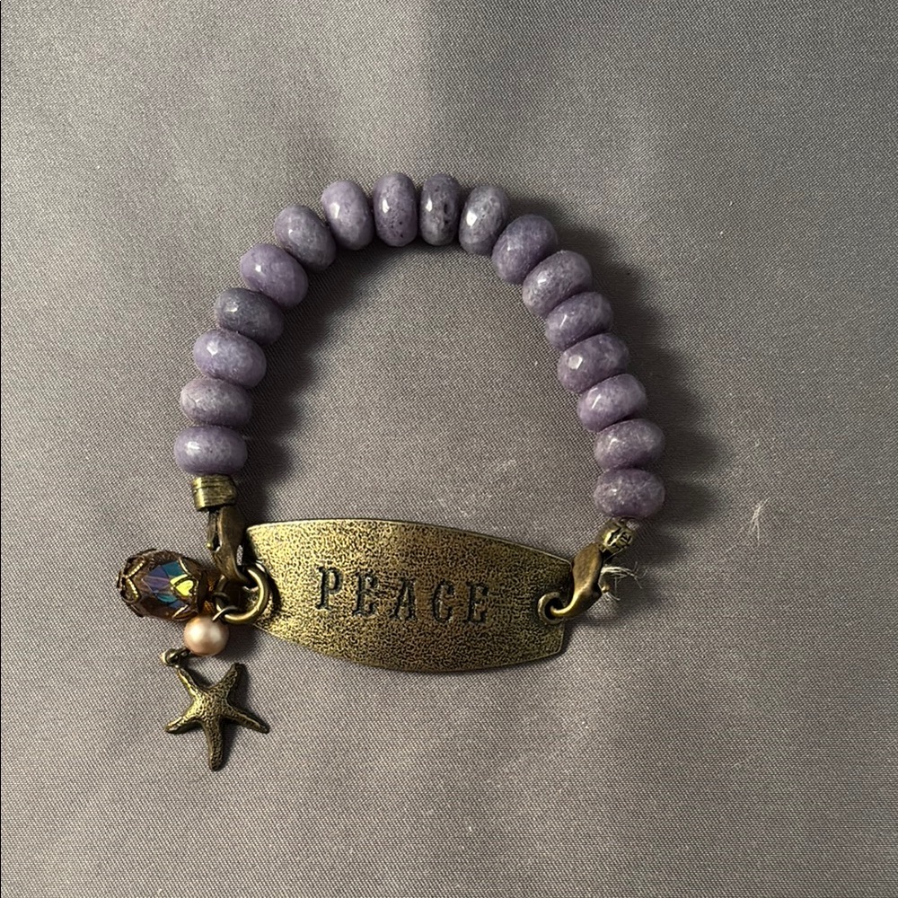 Purple Beaded Bracelet with Gold 'Peace' Charm